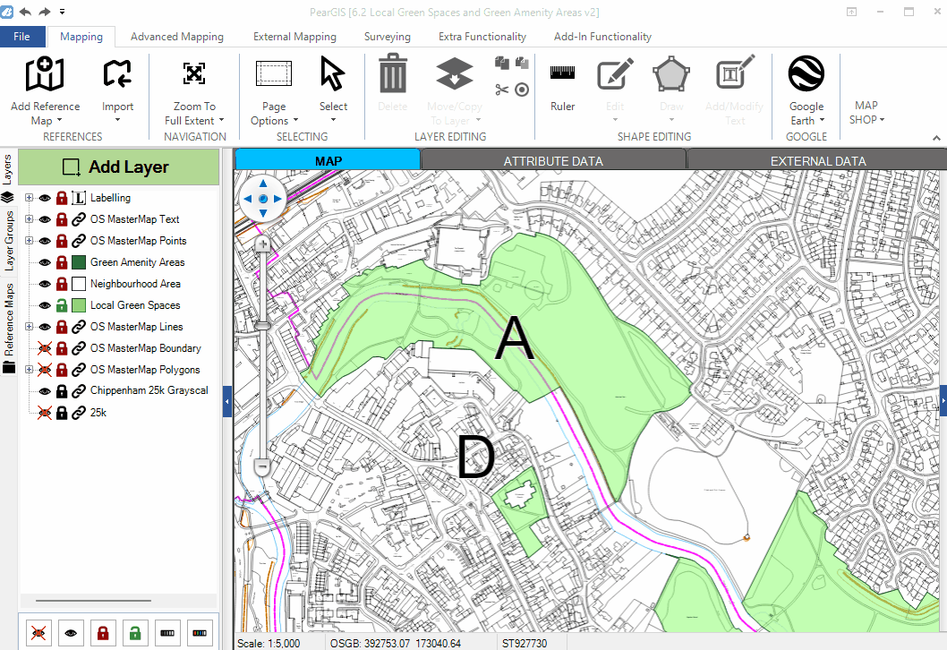 Zooming into a map and clicking on map polygons to display the information attached to them, such as Site No and Category.