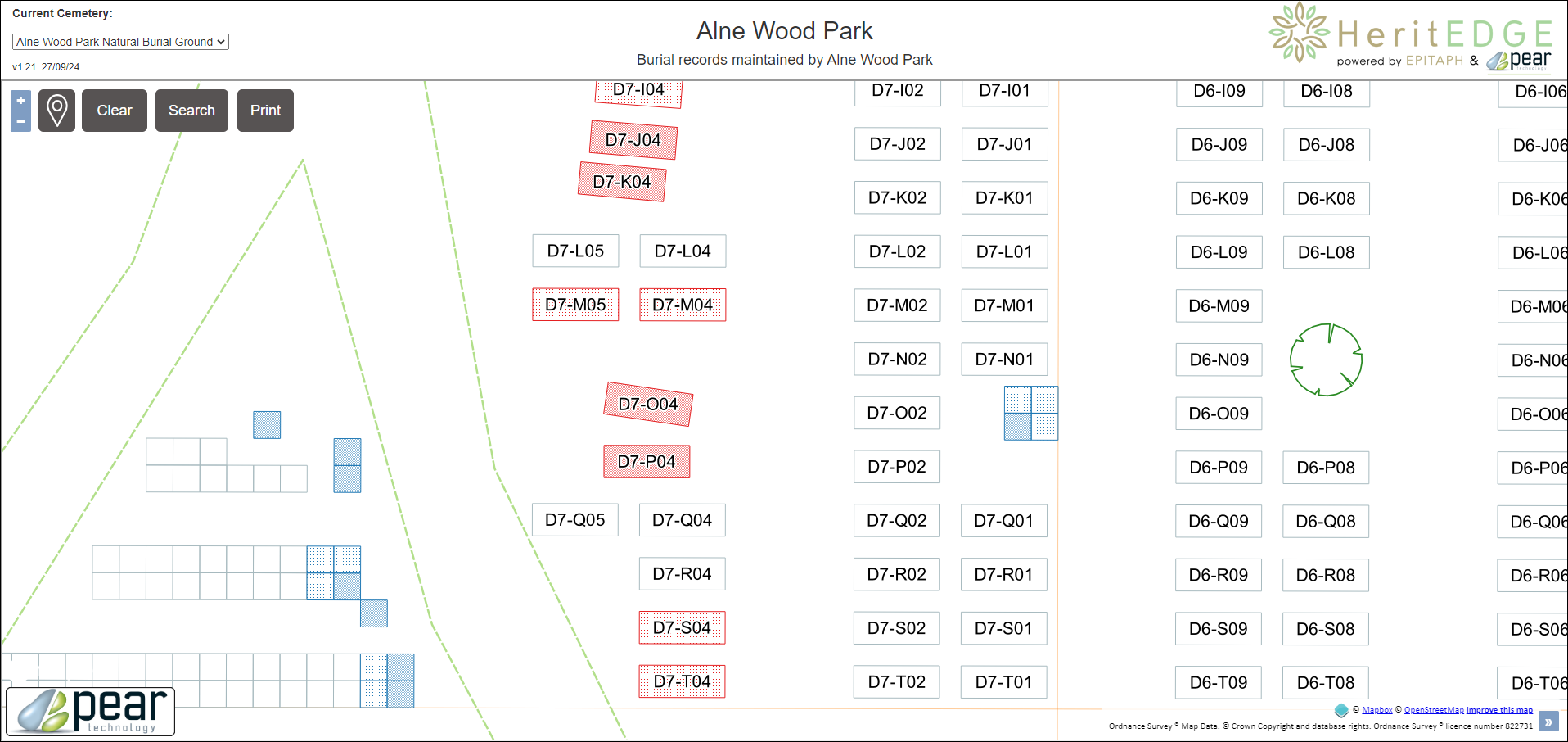 Available and unavailable graves showing on Alne Wood Park map